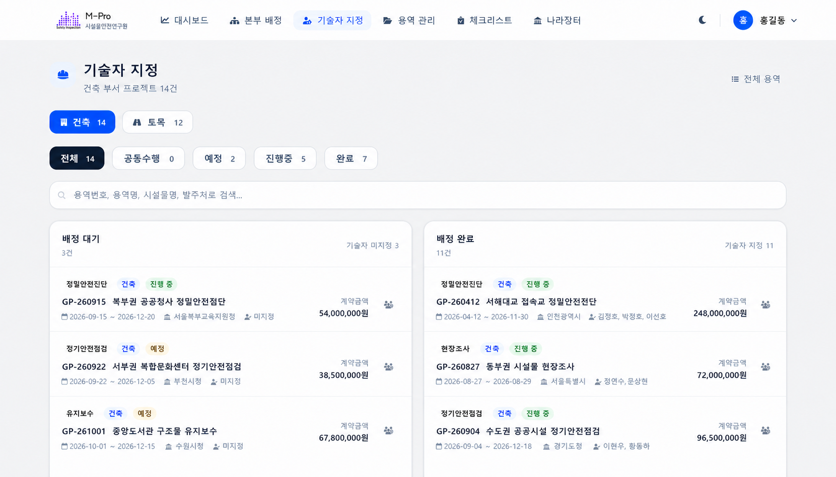 정밀안전진단과 정기안전점검, 유지보수 예정 용역이 적용된 M-Pro 기술자 지정 화면